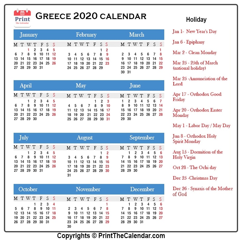 Greece Calendar 2020 With Greece Public Holidays
